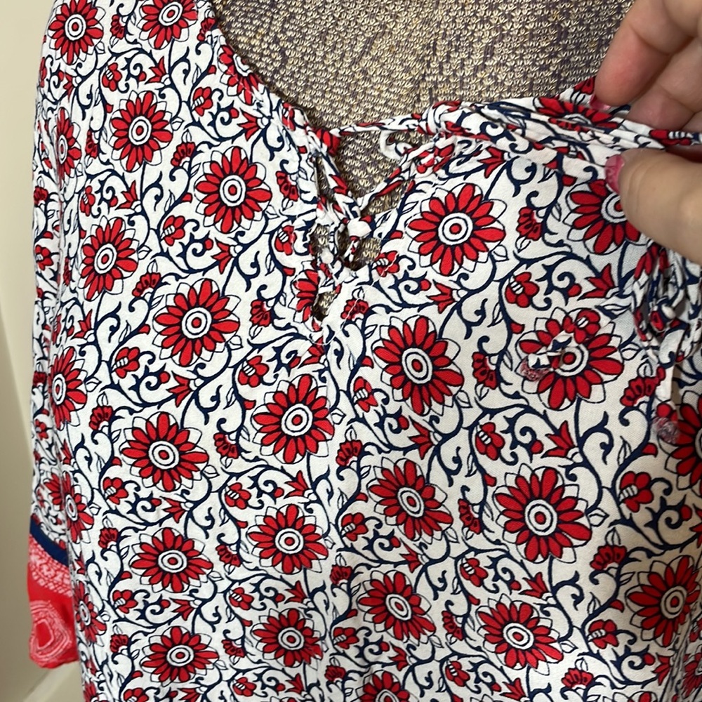 Espresso Womens XL Dress 1/2 Sleeves Floral Red White Blue Design - Picture 3 of 8